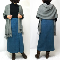 SALE☆手織り綿厚手ラップスカート、ターコイズブルー、フリーサイズ 3枚目の画像