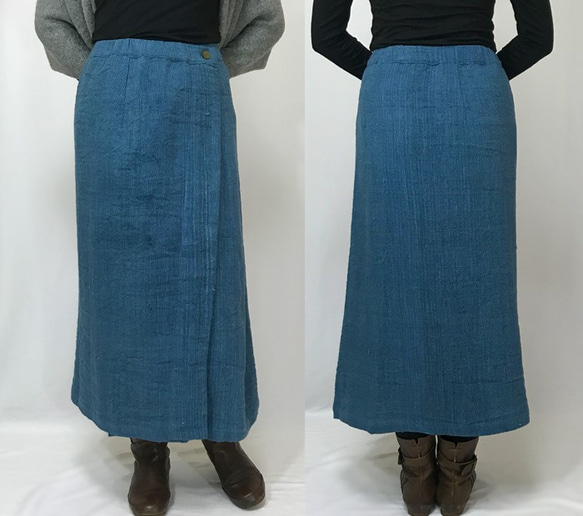 SALE☆手織り綿厚手ラップスカート、ターコイズブルー、フリーサイズ 5枚目の画像