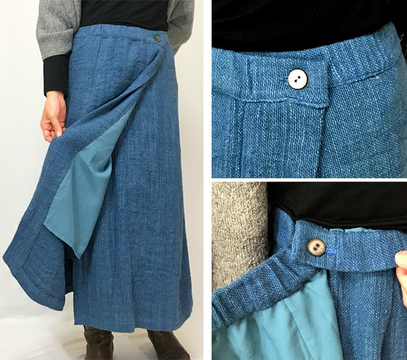 SALE☆手織り綿厚手ラップスカート、ターコイズブルー、フリーサイズ 6枚目の画像