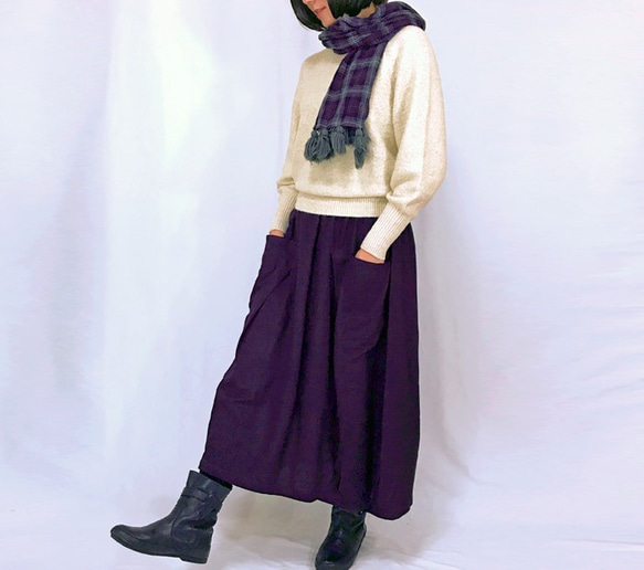 再5☆至福の肌さわり、しっとり最上質ヘンプのバルーンスカート、濃い菫色、オールシーズン 2枚目の画像