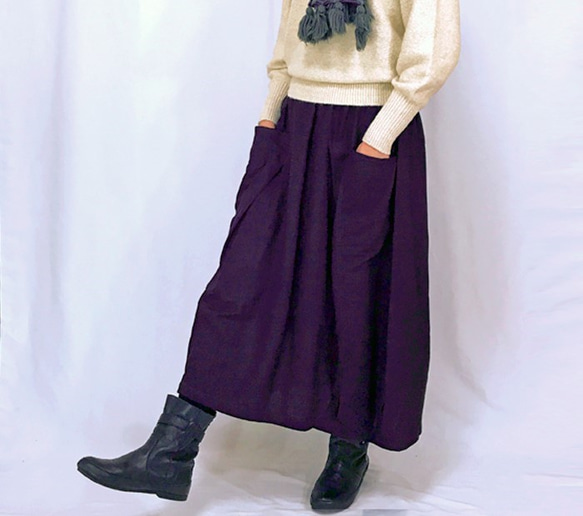 再5☆至福の肌さわり、しっとり最上質ヘンプのバルーンスカート、濃い菫色、オールシーズン 1枚目の画像