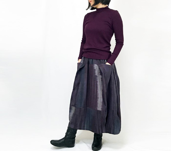再販！手織り綿絣パープルミックス、バルーンスカート、オールシーズン 2枚目の画像