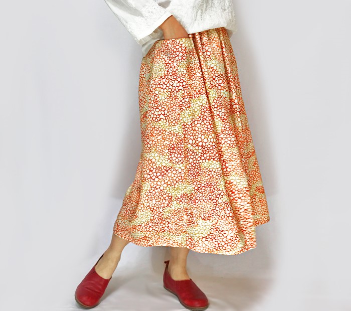 ４０％OFFきものリメイクロングスカート、ミモザオレンジのさくら柄、オールシーズン