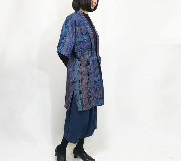 L~3Lサイズ、手織り綿刺し子のローブコート、ハーフコート、羽織コート ...