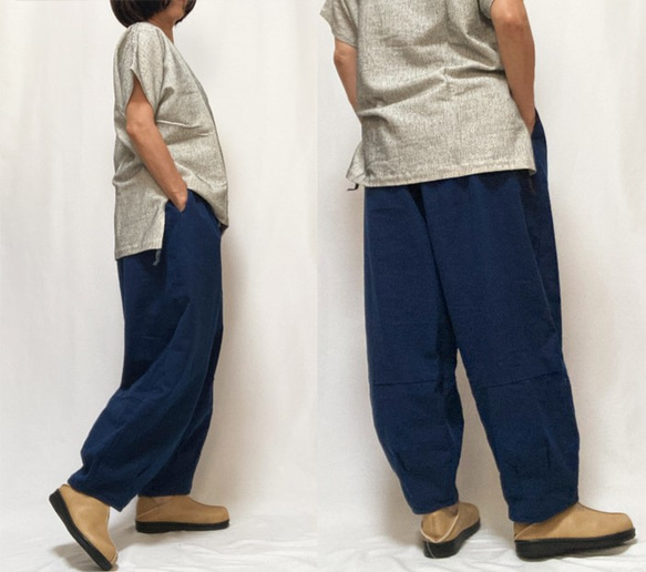 SALE☆彡再4! 3L,4Lサイズ、ジョムトン手織り綿のもんぺパンツ、紺無地 4枚目の画像