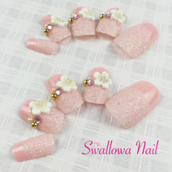 【Swallow Nail】ホワイトフラワー＆サラサラピンクデザイン・ネイルチップ 3枚目の画像