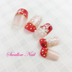 【Swallow Nail】レッドクリスマス＆雪・ネイルチップ【クリスマスの雪】 1枚目の画像