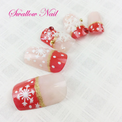 【Swallow Nail】レッドクリスマス＆雪・ネイルチップ【クリスマスの雪】 2枚目の画像