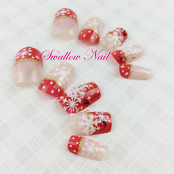 【Swallow Nail】レッドクリスマス＆雪・ネイルチップ【クリスマスの雪】 3枚目の画像