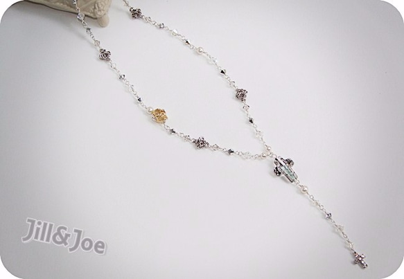 骷顱頭 十字架蕾絲水晶Y字項鍊˙Jill&Joe獨家設計 施華洛世奇水晶元素 水鑽 銀膽水晶 第1張的照片
