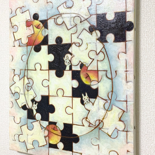 原画 油絵 エッグパズル リンゴとうさぎとたまごのアート 抽象画