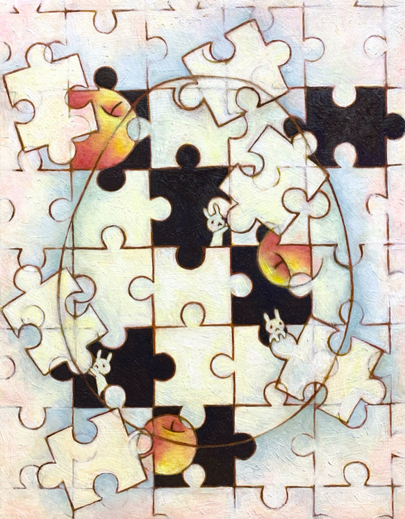 原画 油絵 エッグパズル リンゴとうさぎとたまごのアート 抽象画  F6号 ホワイト モダンアート 4枚目の画像