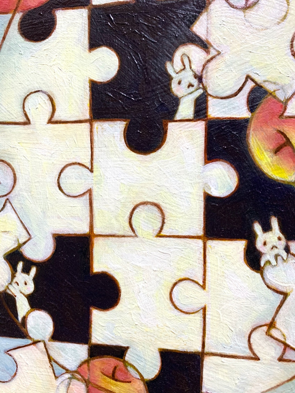 原画 油絵 エッグパズル リンゴとうさぎとたまごのアート 抽象画  F6号 ホワイト モダンアート 5枚目の画像