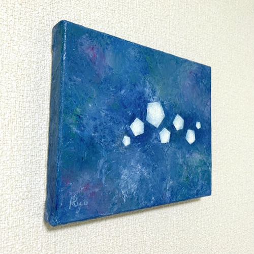 原画 油絵 一瞬のきらり 光のアート 抽象画 F0号 ブルー モダン