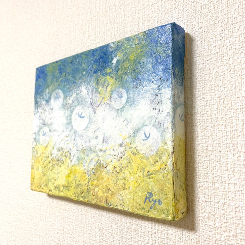 原画 油絵 希望降り注ぐ空 リンゴのアート 抽象画 F0号 ブルー