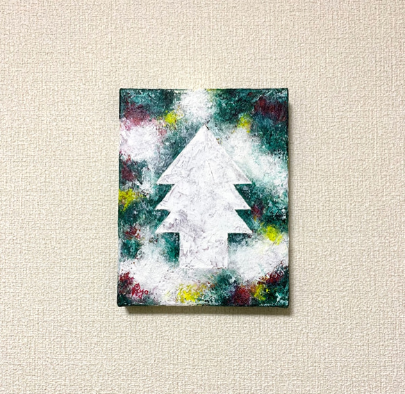 原画 油絵 願いの木 クリスマスのアート 抽象画  F0号 グリーン×ホワイト モダンアート 1枚目の画像