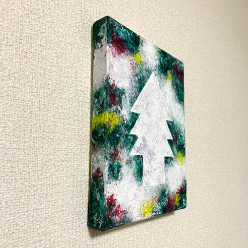 原画 油絵 願いの木 クリスマスのアート 抽象画 F0号 グリーン