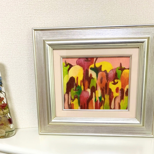原画 油絵 無題 リンゴのアート 抽象画 F0号 カラフル モダン