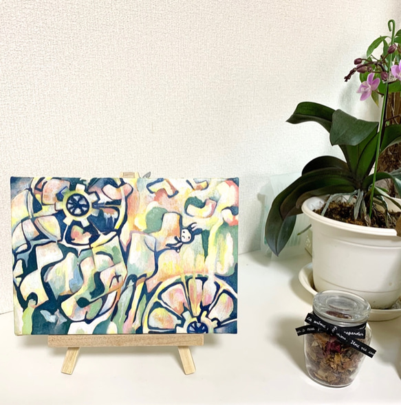 原画 油絵 エナジー リンゴとレモンのアート 抽象画 SM/サムホール 白・カラフル モダンアート 5枚目の画像