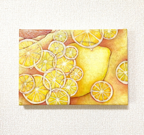 原画 油絵 レモネード日和 レモンのアート 抽象画  SM/サムホール イエロー モダンアート 1枚目の画像