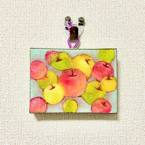 原画 油絵 水玉りんご リンゴのアート 抽象画 75×100mm カラフル