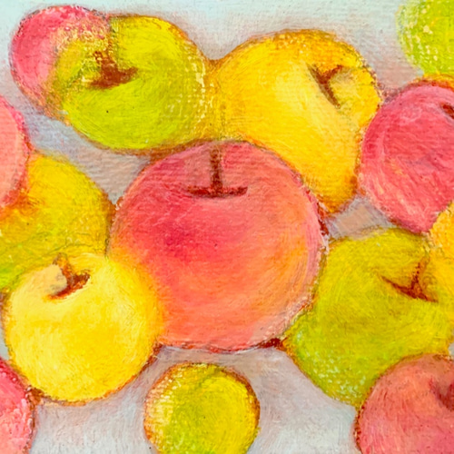 絵画油絵  シクラメン・林檎・檸檬 原画 油絵 水玉りんご リンゴのアート 抽象画 75×100mm カラフル