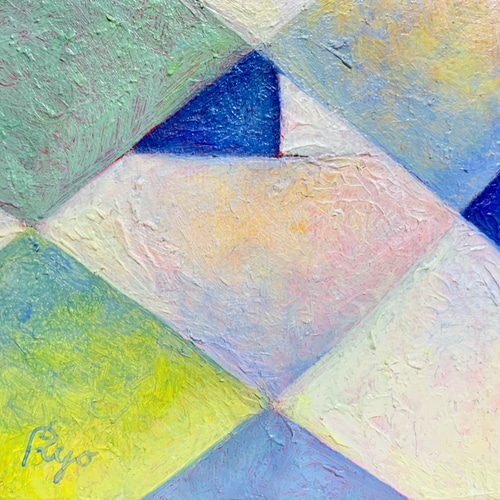 原画 油絵 変化するリンゴ りんごのアート 抽象画 100×100mm ブルー