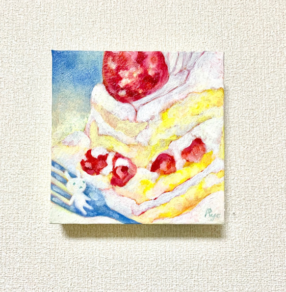 原画 油絵 スウィートタイム 苺ショートとうさぎのアート 抽象画