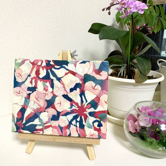 原画 油絵 スプリング 春とリンゴのアート 抽象画  F0号 ピンク モダンアート 5枚目の画像