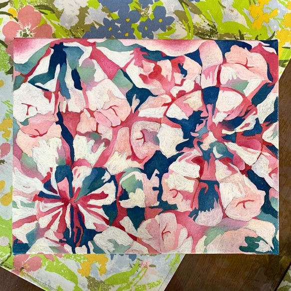原画 油絵 スプリングⅡ 春とリンゴのアート 抽象画  F3号 ピンク モダンアート 1枚目の画像