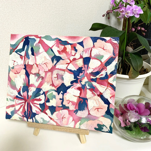 原画 油絵 スプリングⅡ 春とリンゴのアート 抽象画 F3号 ピンク