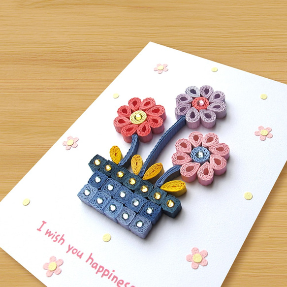 手工捲紙卡片：甜蜜小花盆 I wish you happiness（情人卡、母親卡、婚禮賀卡、萬用卡） 第2張的照片