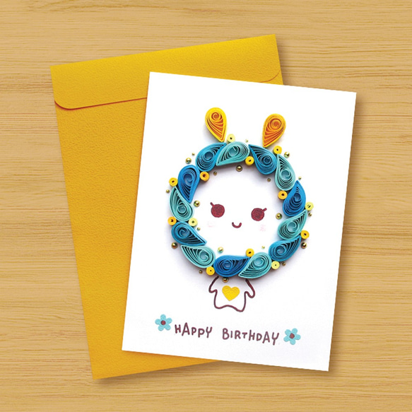 ペーパースクロールカード：祝福ウサギ_ブルー（誕生日カード、ありがとうカード、恋人カード） 3枚目の画像