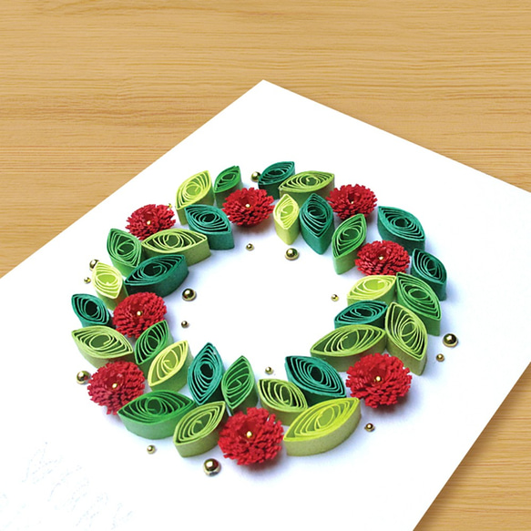 手作りロール紙カード：花と花ローミングクリスマスリースA（クリスマスカード） 2枚目の画像