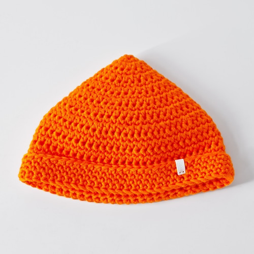 KR01手編み栗先の尖ったキャップ-蛍光オレンジ ニット帽・ビーニー
