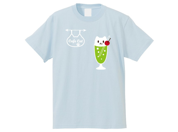 ねこカフェ+ねこクリームソーダTシャツ　ライトブルー　プリントカラー2色　綿100% 1枚目の画像