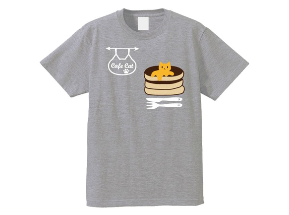 ねこカフェ+ネコバターホットケーキTシャツ　グレー　綿+ポリ混紡 1枚目の画像