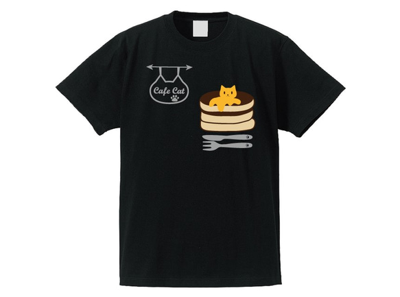 ねこカフェ+ネコバターホットケーキTシャツ　黒　綿100% 1枚目の画像