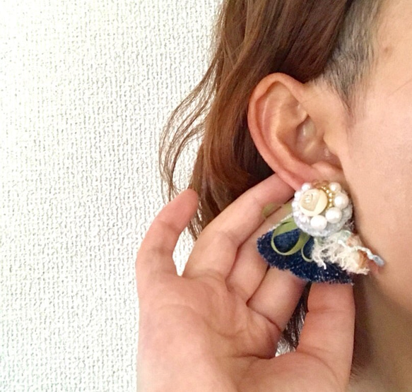 printemps  デニムフリンジ ✳︎刺繍ピアスorイヤリング 2枚目の画像