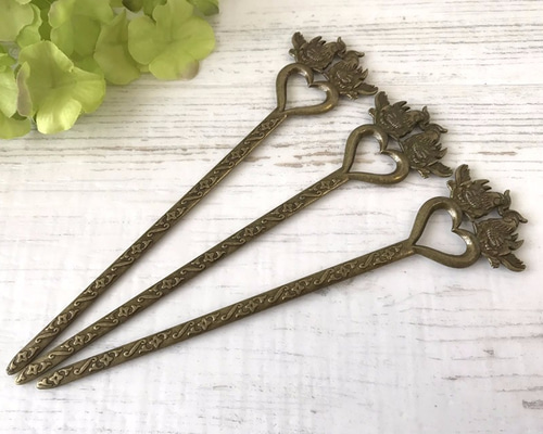 かんざし 鳥 細工 アンティーク 簪 かんざし/KN36/3本 ハート型 鳥/髪飾り/アクセサリーパーツ
