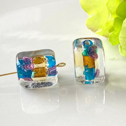 ガラスビーズ 2個 ha68 金箔 ゴールド スクエア 円柱 クリア