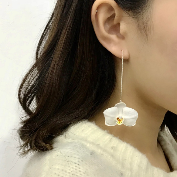 【一款兩戴】皮革蝴蝶蘭耳環│純銀長鏈耳針款式【花】 第1張的照片