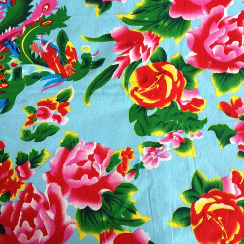 中国レトロファブリック・東北大花布（牡丹と鳳凰柄・水色） 生地