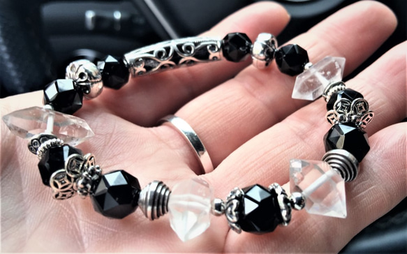 (（客訂品））（Ms. Chen)黑尖晶石 & 赫基蒙 新月神聖能量手鏈 (加天鐵 )手圍17 第2張的照片