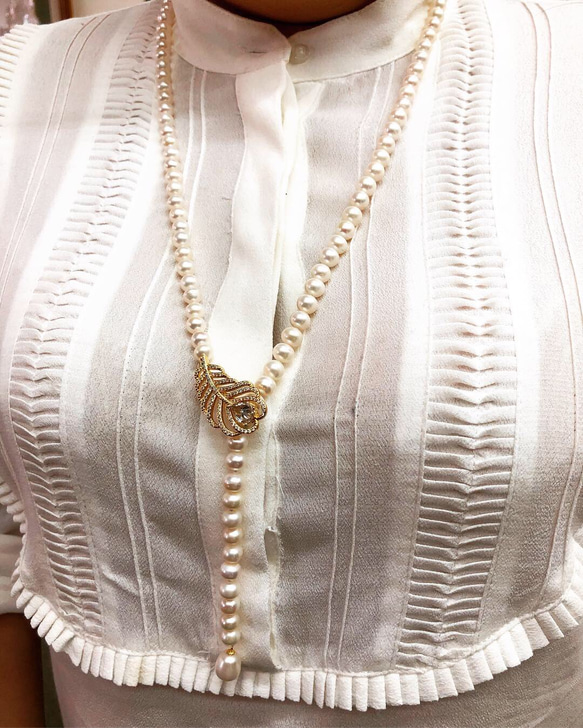 （（已售出））珠圓玉潤 之 好優雅 天然珍珠 造型長鏈 第1張的照片