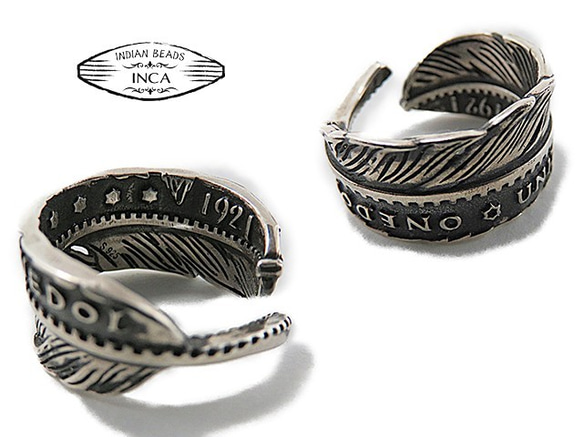 コイン リング フェザー シルバー925 インディアンジュエリー モルガン銀貨 羽根 指輪 2枚目の画像