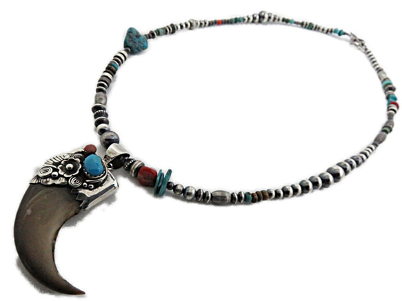インディアンジュエリー Silver 925 熊爪 ターコイズ 系 インディアンジュエリー ビーズ 熊爪 ベアクロー ネックレス