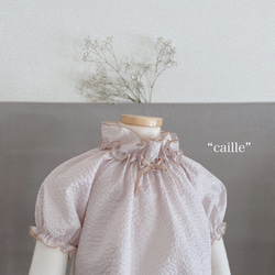 【sold】✂︎ “caille”   ペールピンク　110size 立ち襟風のフリル襟　半袖　特別な日にも 4枚目の画像