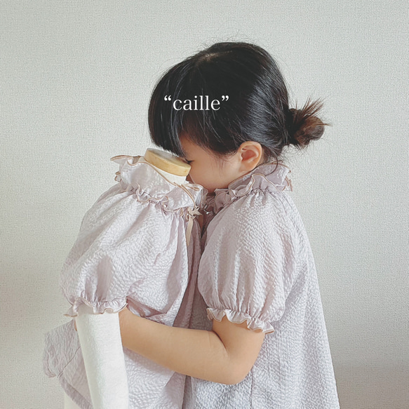 【sold】✂︎ “caille”   ペールピンク　110size 立ち襟風のフリル襟　半袖　特別な日にも 6枚目の画像