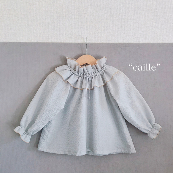 【sold】 ✂︎“caille”   ペールブルー　80-100size 立ち襟風のスモック 5枚目の画像